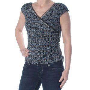 STUDIO M Womens Black Ruched Geometric V Neck Evening Faux Wrap Top Petites XS